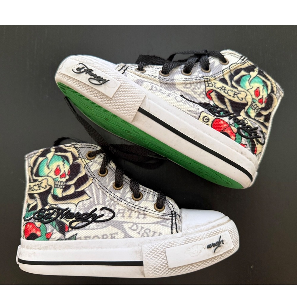Ed Hardy Toddler Sneaker Boys Size 8 Skull Canvas Hi-Top White/Black Y2K Lace-Up
